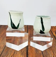 2 Wallingford Vermont Handmade Pottery 2009 Signed Clay Pots Crackle Glaze Green