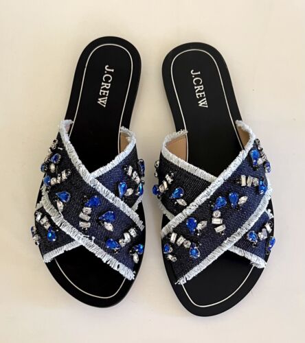 NIB J Crew size 8 blue denim fringed Cyprus jeweled flat sandals # C1324 $158 - Picture 1 of 5