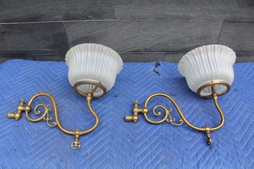 Antique Pair Of Ornate Brass Victorian Gas Light Wall Sconce Swivel - Picture 12 of 12
