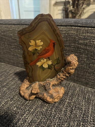 Vintage Öl handgemalt signiert Kardinal auf brasilianischem Achat - Bild 2 von 6