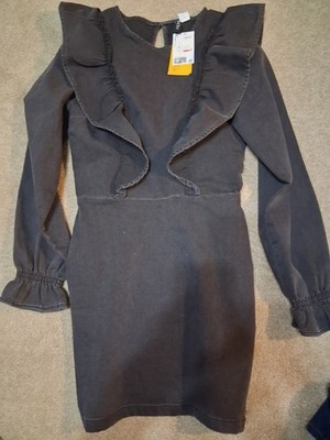 H&M Divided Ruffle Trim Dress Womens S Denim Cotton Faded Black
