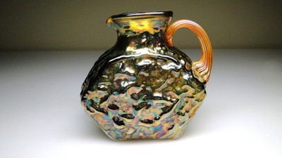 Hand Blown Glass Pitcher w/ Amber Handle & Gold Iridescent Carnival Glass?