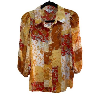 NANETTE LEPORE Colorful Patchwork Button Down 3/4 Length Sleeve Blouse Sz M