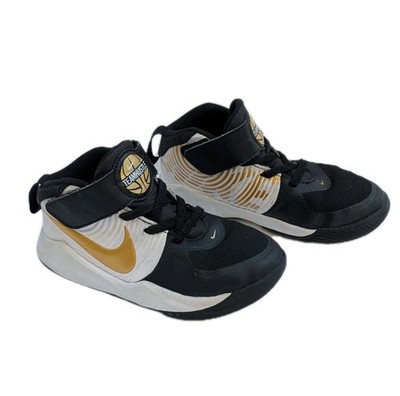 Nike Team Hustle Youth 12C Basketball Shoes High Top Sneakers White Black Gold 