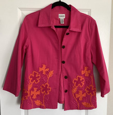 Chico s Women's Embroidered Pink Orange Blazer Jacket Sz 1 medium Boho Chic