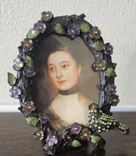 Vintage Mini Round Metal Picture Frame with Rhinestones & Bird Nesting In Corner