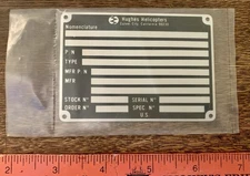 Vintage Hughes Helicopters Data Plate- NOS