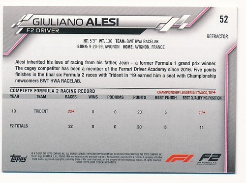 GIULIANO ALESI 2020 TOPPS CHROME REFRACTOR #52 F1 RACING MINT - Picture 2 of 2