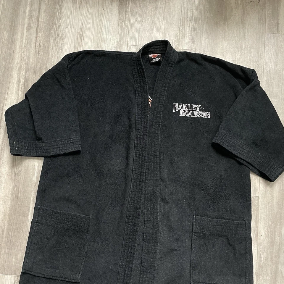 Bata de rizo de baño negra Harley Davidson con logotipo bordado 100 % algodón - talla única Foto 4 de 4