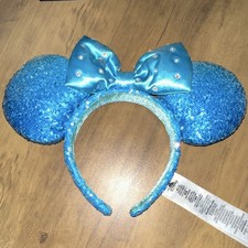 Disney Minnie Mouse Ears Headband Blue Sequin Bow Fabric Cartoon Party