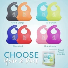 2 Pack Baby Silicone Bibs with Food Catcher - (Teal/Green)