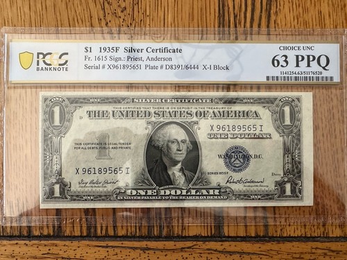 1935F 1 Dollar Silber Zertifikat Fr. 1615 PCGS 63PPQ Priest Anderson X-I Block Lot 35