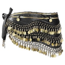 Belly Dance Hip Scarf 59x11" with 248 Gold Coin, Black