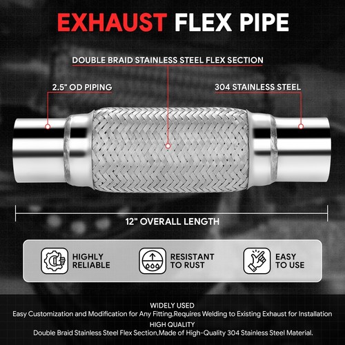 2.5" x 8" Flex Pipe 12"OL Exhaust Heavy Duty Double Braid Stainless Steel Custom - Picture 2 of 7