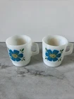 2 FIRE KING Flower Cup Mugs Blue & Yellow/Gold on White Milk Glass Vintage USA