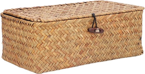 Topyond Wicker Storage Basket with Lid, Handwoven Seagrass L, Natural Brown