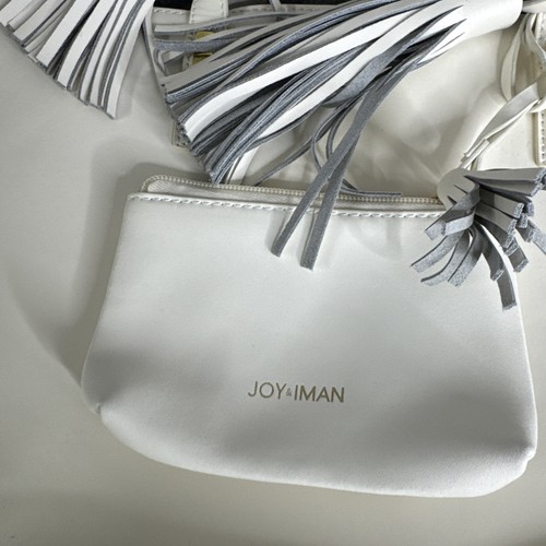 JOY & IMAN Borsa a mano in vera pelle con nappa con inserto in tessuto, Bianco - Foto 3 di 11