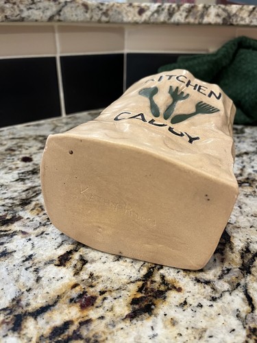 Vintage "80er" Keramik Küche Caddy/Vase braun Papiertüte mit grünen Utensilien Handarbeit  - Bild 7 von 10