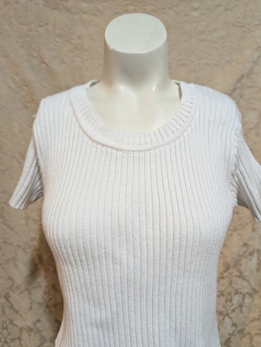 Vintage Knit Office Core Sweater M Crisp White Sweater Fitted Short Sleeve Prep - Picture 7 of 8