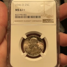 Toned 1946-D MS67+ NGC Silver Washington Quarter