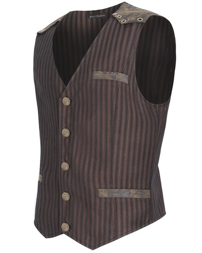Devil Fashion Mens Tennyson Striped Steampunk Gothic Waistcoat Brown Stripe - 第 3/13 張圖片
