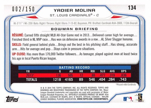 2014 Bowman Baseball Yadier Molina Green #134 /150 NM/MT ST. LOUIS CARDINALS - Picture 2 of 2