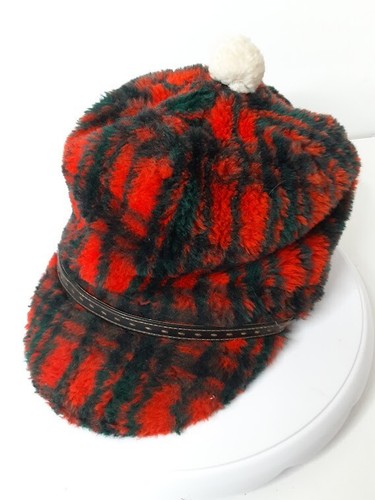 Vintage Men's Red/Black Plaid Hunting Cap with White Pom Ball - Picture 3 of 5