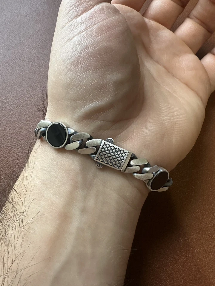 Pulseira corrente prata esterlina 8" 9mm ônix preto elo cubano acabamento em metal escovado - Imagem 4 de 4