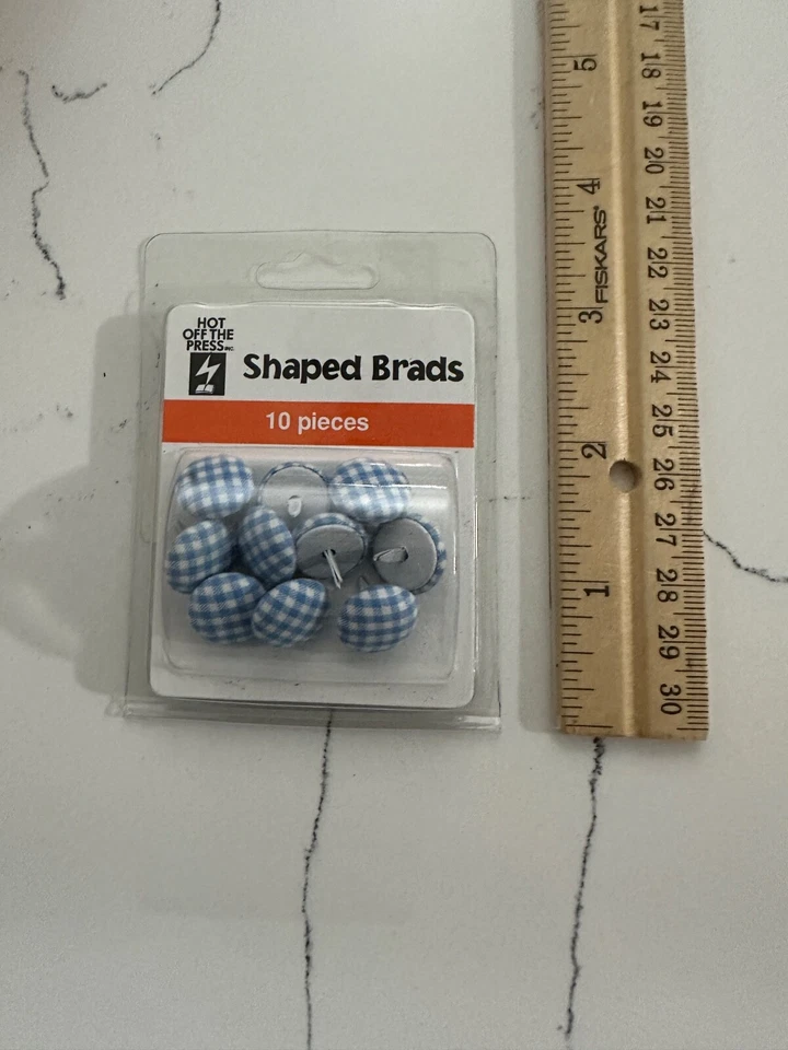 Brads en forma redonda Hot Off The Press con material de guinga azul - Álbum de recortes de 10 piezas Foto 3 de 4