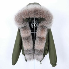 Women Winter Fluffy Real Fox Fur Raccoon Collar Coats Hooded Parka Warm Jackets