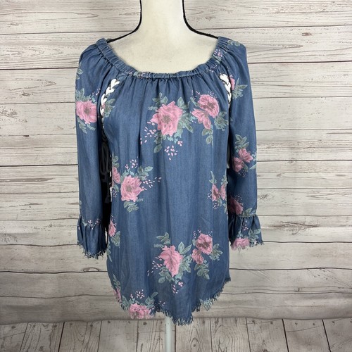 Ali Miles Off Shoulder Chambray Boho Bauern Top Bluse Gr. Small blau geblümt