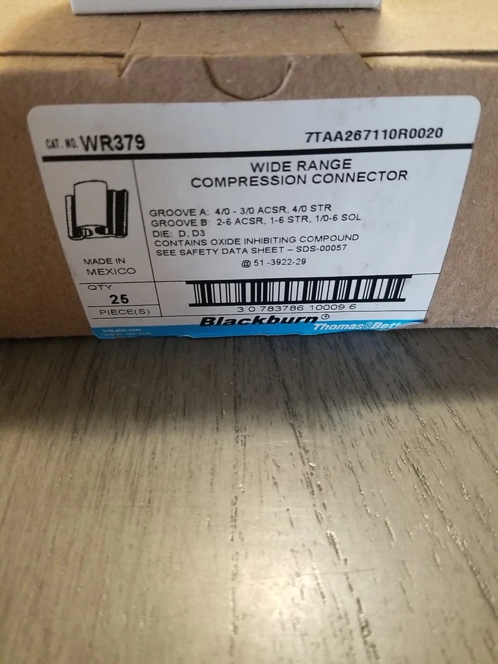 25-PACOTE THOMAS & BETTS BLACKBURN WR379 CONECTOR DE COMPRESSÃO DE AMPLO ALCANCE H-TAP - Imagem 2 de 4