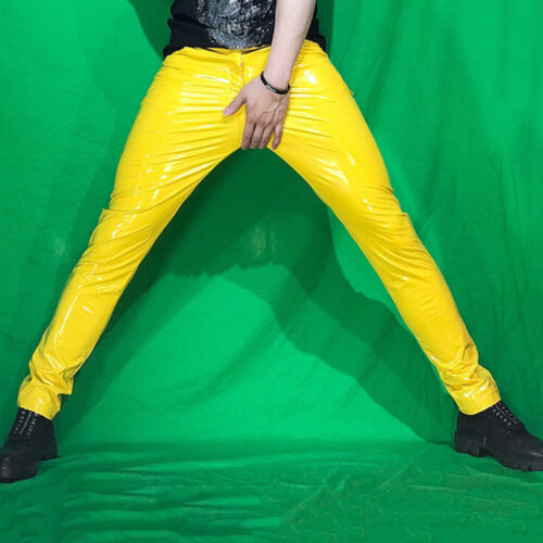 Men Faux Leather Pants Shiny Metallic Skinny Stretch Slim PU Trousers Club Dance - Picture 1 of 21