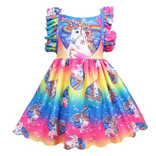 Kids Girls Princess Unicorn Party Rainbow Summer Dress Headband Headwear - Picture 13 of 15