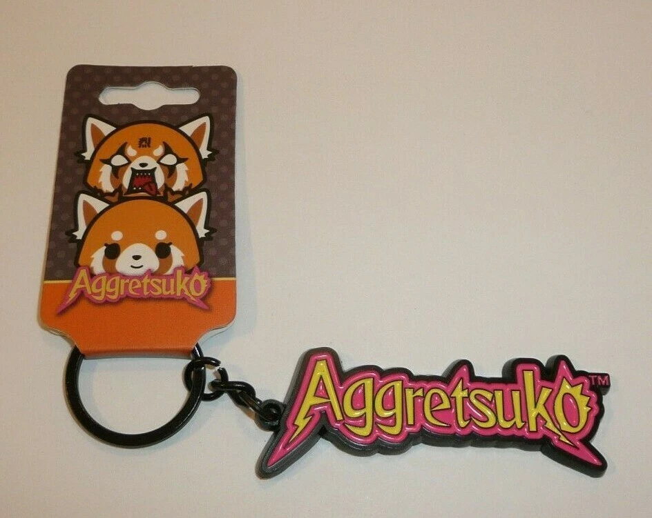 Aggretsuko Title Metal Keychain Key Chain Pink Yellow Word Logo Cat Charm Cute - Image 2 of 4
