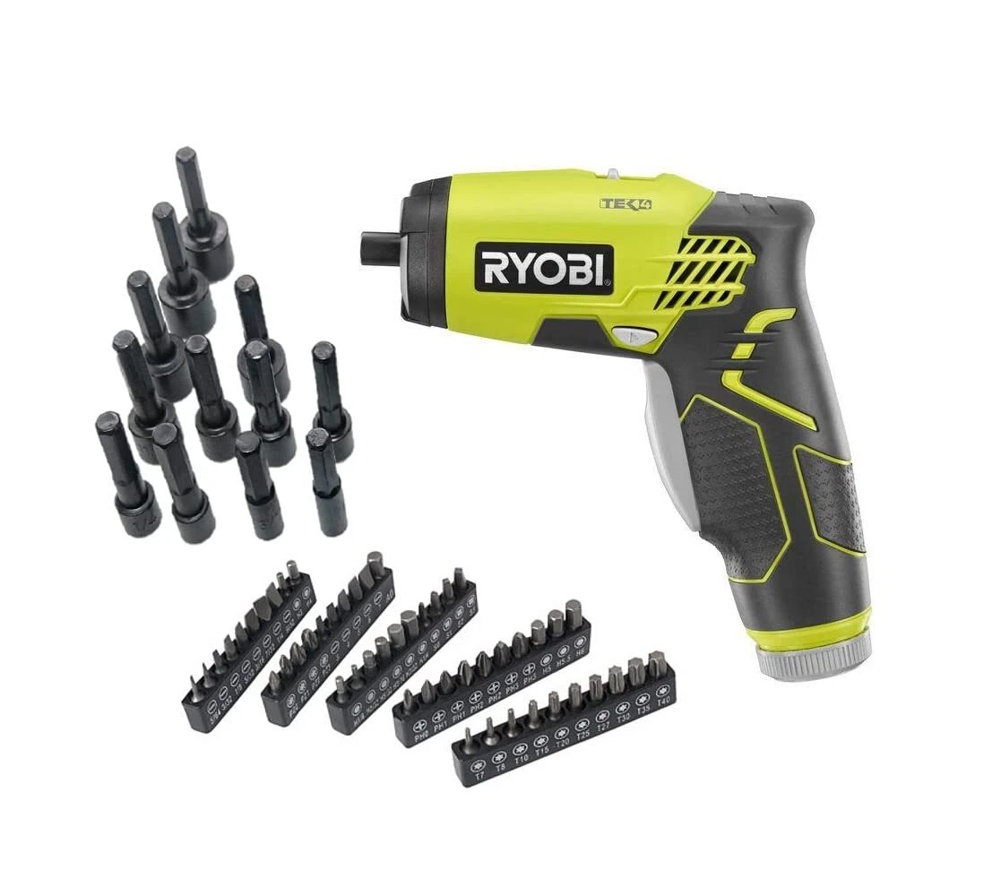NEW RYOBI 4 Volt Lithium Ion Screwdriver Kit with 62 pc Nut Driver