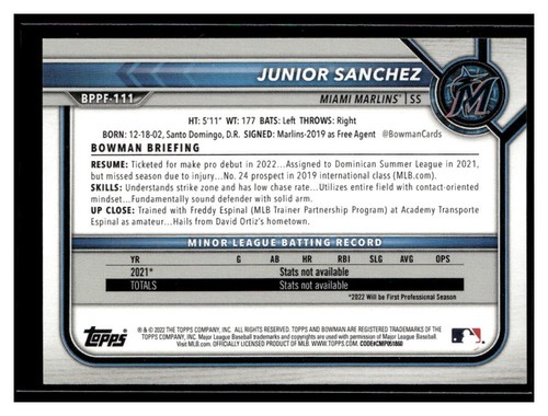 2022 Bowman 1st Edition #BPPF-111 Junior Sanchez Miami Marlins - Picture 2 of 2