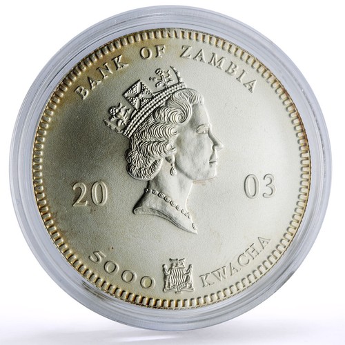 Zambia 5000 kwacha African Wildlife Elephants Fauna Matte silver coin 2003 - Picture 2 of 2