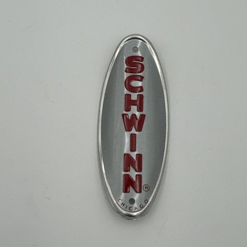 Genuine Schwinn Bicycle Head Badge Name Plate GRAY w/ Red MADE USA NEW NOS - Picture 1 of 2