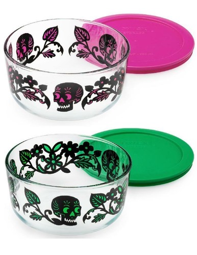 Pyrex 4 Cup Halloween Trick or Treat DEAD SKULLS GARDEN Choose: PINK or GREEN - Picture 2 of 6