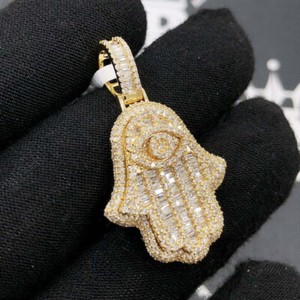 Authentic 10K Yellow Gold Plated Baguette 1.88ctw Real Moissanite Hamsa Hand Pendant