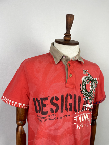 Desigual Red Embroidered Dragon All Printed Short Sleeve Summer Polo Shirt Sz L - Picture 11 of 20