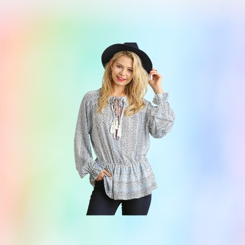 Umgee Sz M Peasant Boho Tunic Top Bell Sleeve Neck Tie Blouse T36 - Picture 1 of 5