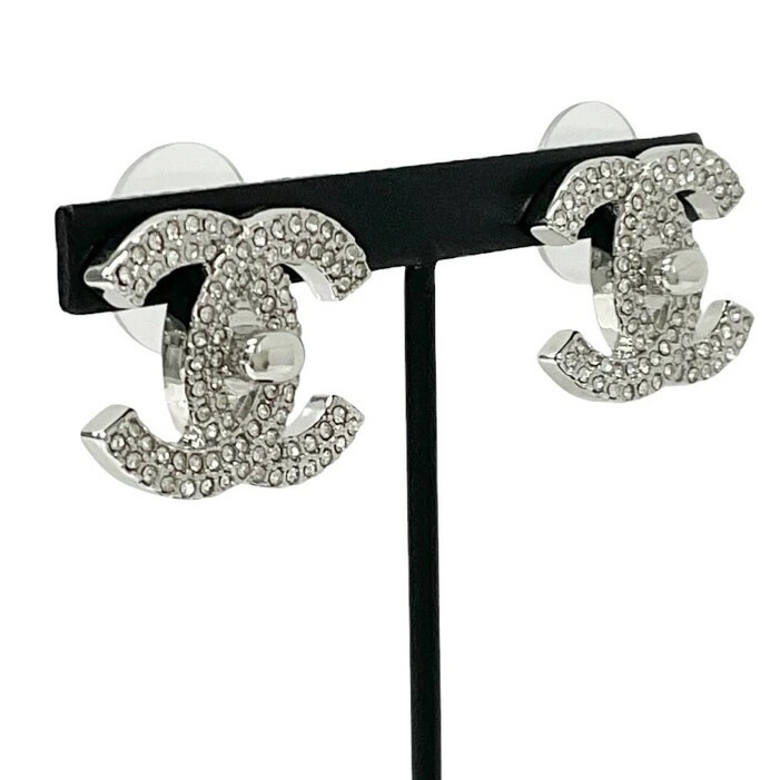 CHANEL CC Logos Turnlock Rhinestone Stud Earrings Silver