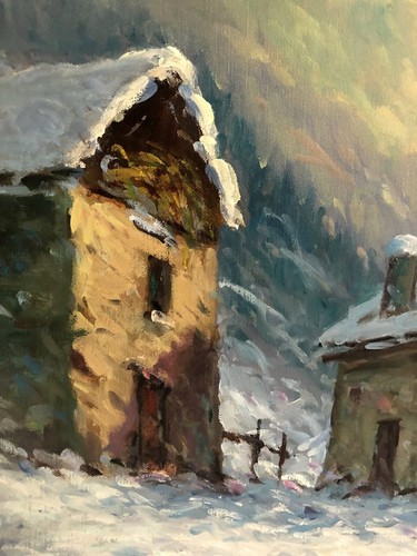 QUADRO DIPINTO OLIO M. Mangiarini PAESAGGIO MONTANO MACUGNAGA "Dopo la nevicata" - Foto 6 di 10