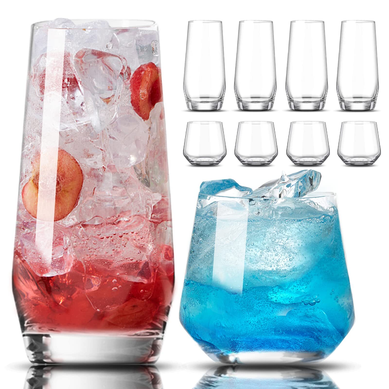 Mfacoy Drinking Glasses Set of 8-4 Tall Glass Cups 18 oz & 4 Short Stemless W...