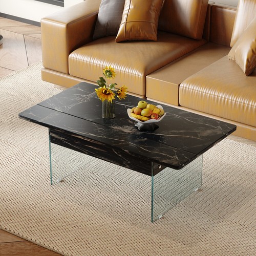43.3-inch Lift-Top Coffee Table w/Storage - Black Marble & Tempered Glass - Picture 5 of 18