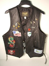 Men's Size 46 Black Genuine Leather Motorcycle Bikers Vest With Pins  Patches