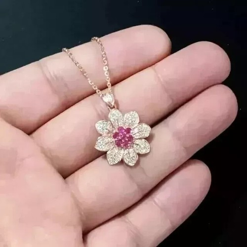 2Ct Round Cut Lab Created Red Ruby Flower Pendant 14K Rose Gold Plated - Picture 4 of 6