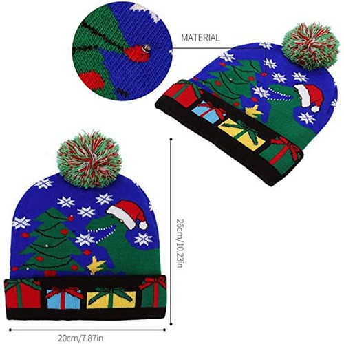 LED Christmas Beanie Knit Hat Light Up Tree Xmas Snowman Knitted Cap Adult Kids - Picture 10 of 20